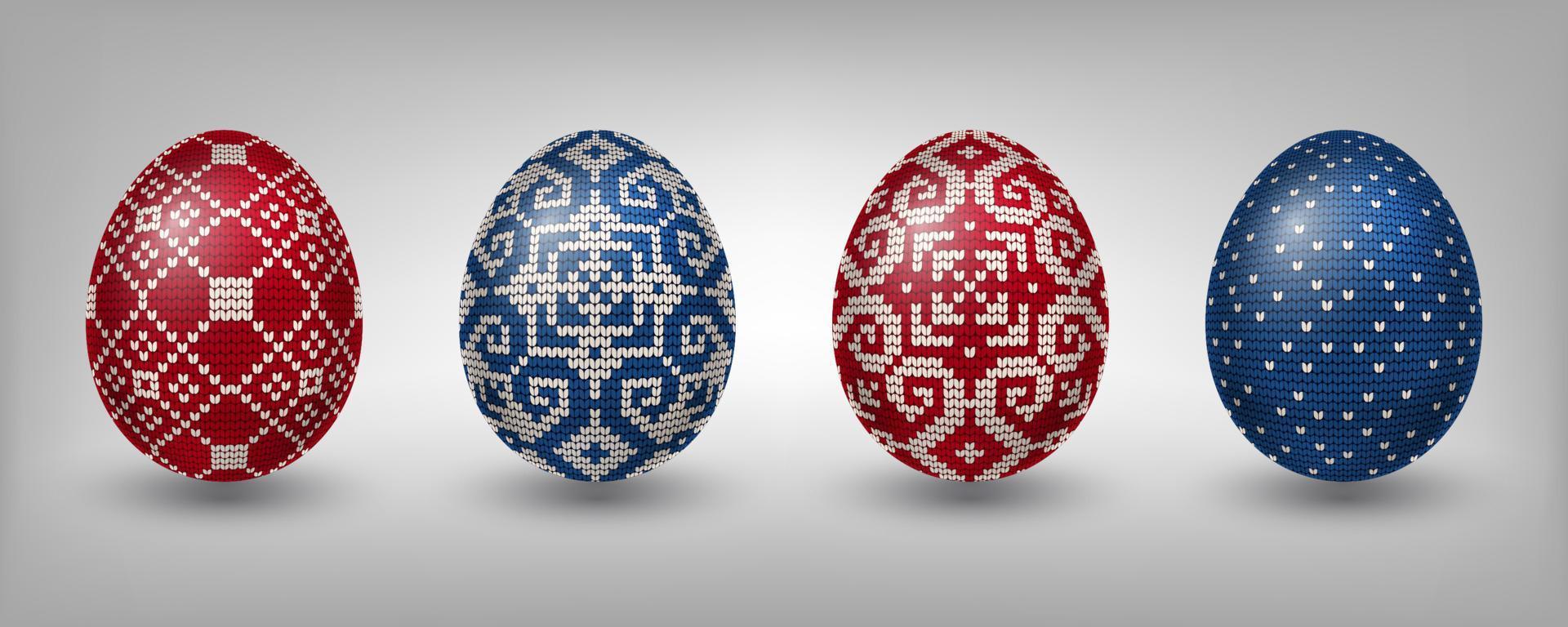 uova pasquali rosse e blu decorate con motivi a maglia nordici vettore