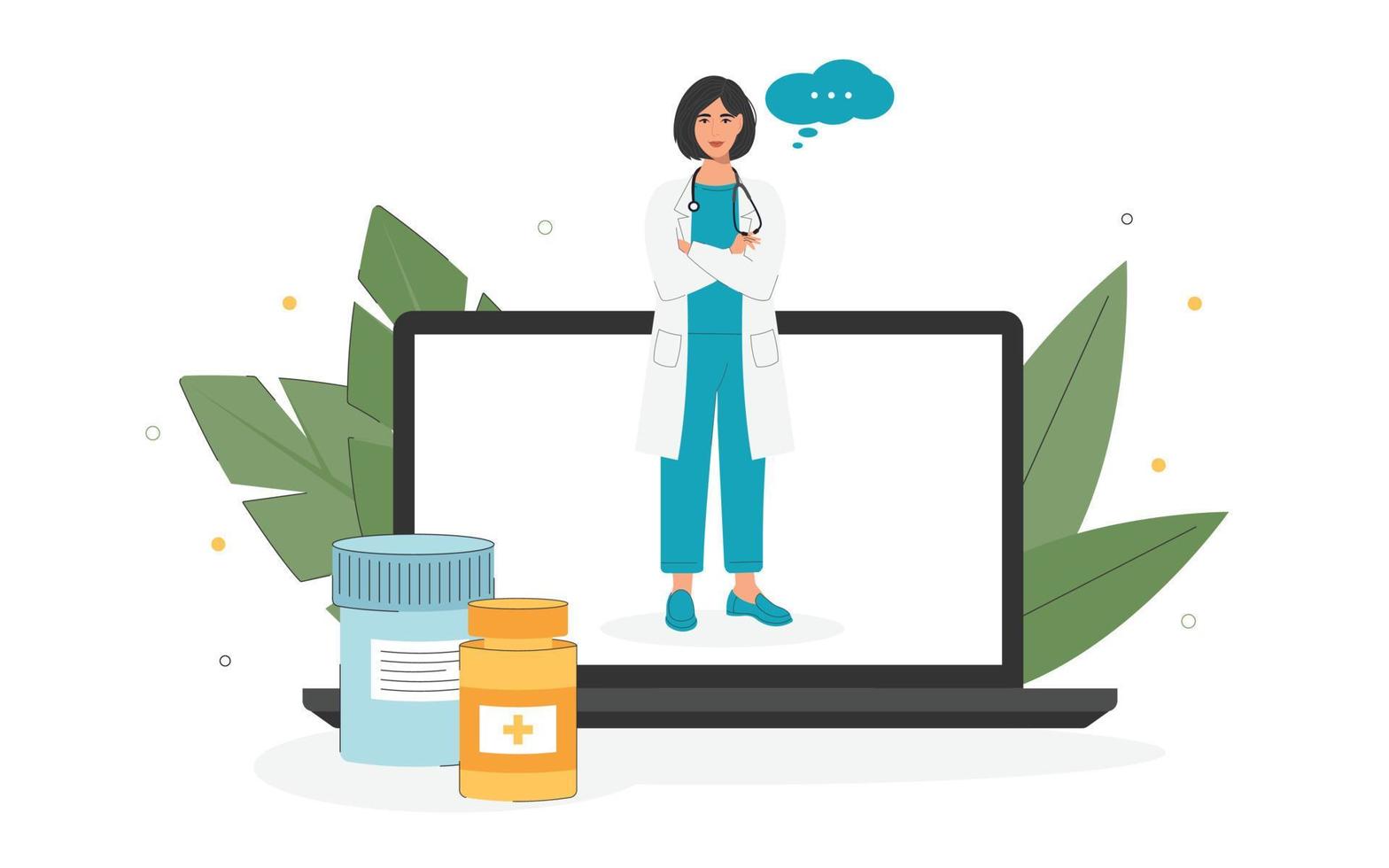 il concetto di consulenza medica online sui farmaci. medicina online, assistenza sanitaria, diagnostica medica. illustrazione di una donna medico da un laptop in uno stile piatto. vettore