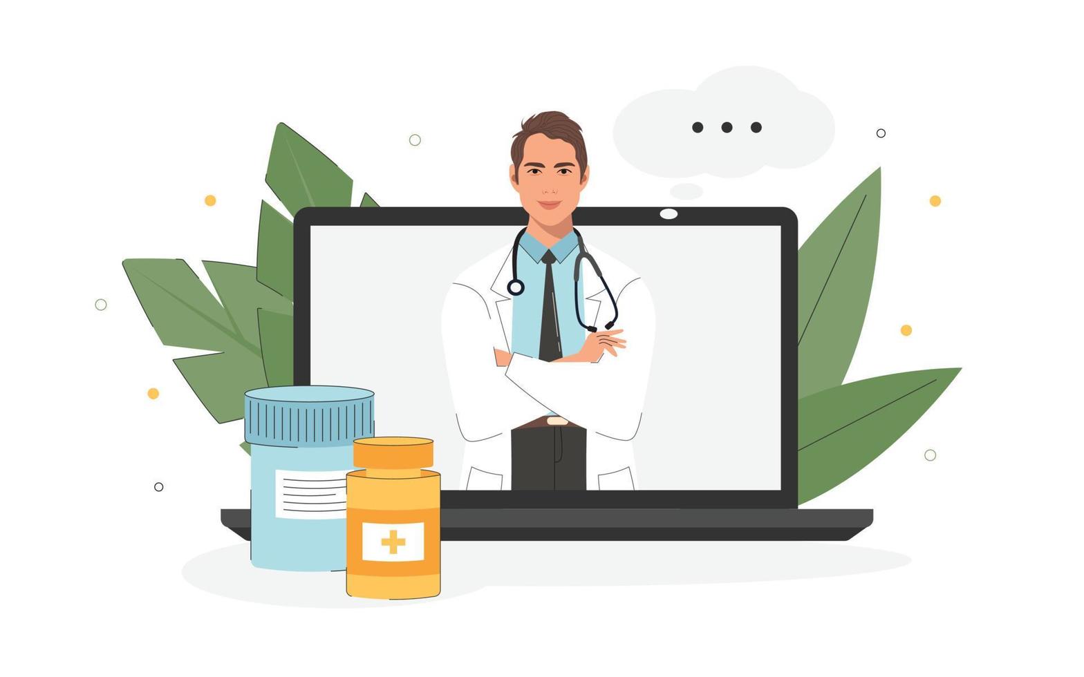 il concetto di consulenza medica online sui farmaci. medicina online, assistenza sanitaria, diagnostica medica. illustrazione di un medico da un laptop in uno stile piatto. vettore