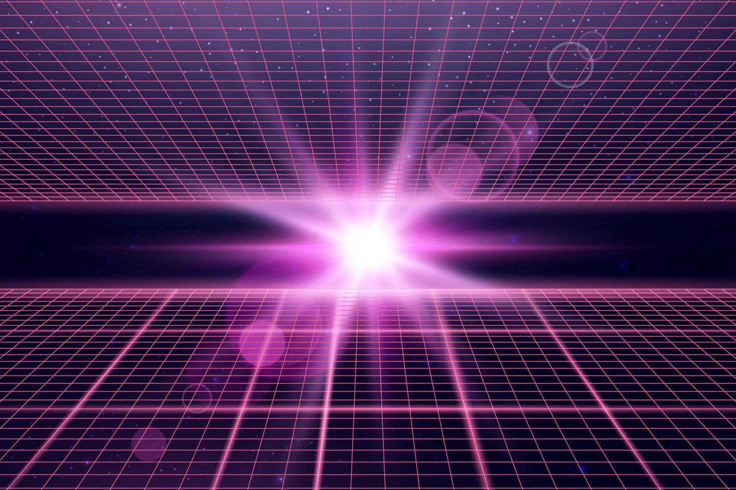 griglia prospettica wireframe con riflesso lente. spazio neon infinity mesh, astratto sfondo retrò. illustrazione vettoriale. vettore