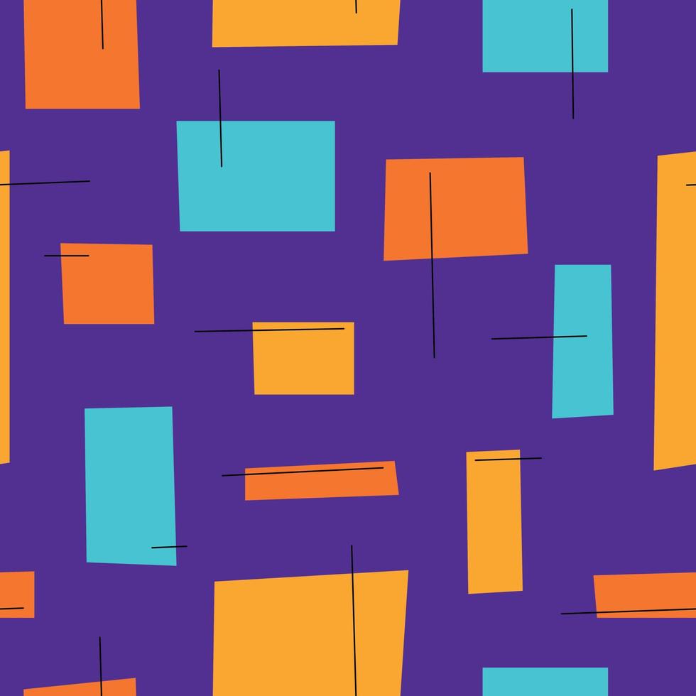 modello senza cuciture con forme geometriche astratte gialle, blu e arancioni e linee nere in stile piatto, illustrazione vettoriale su sfondo viola. design per l'imballaggio