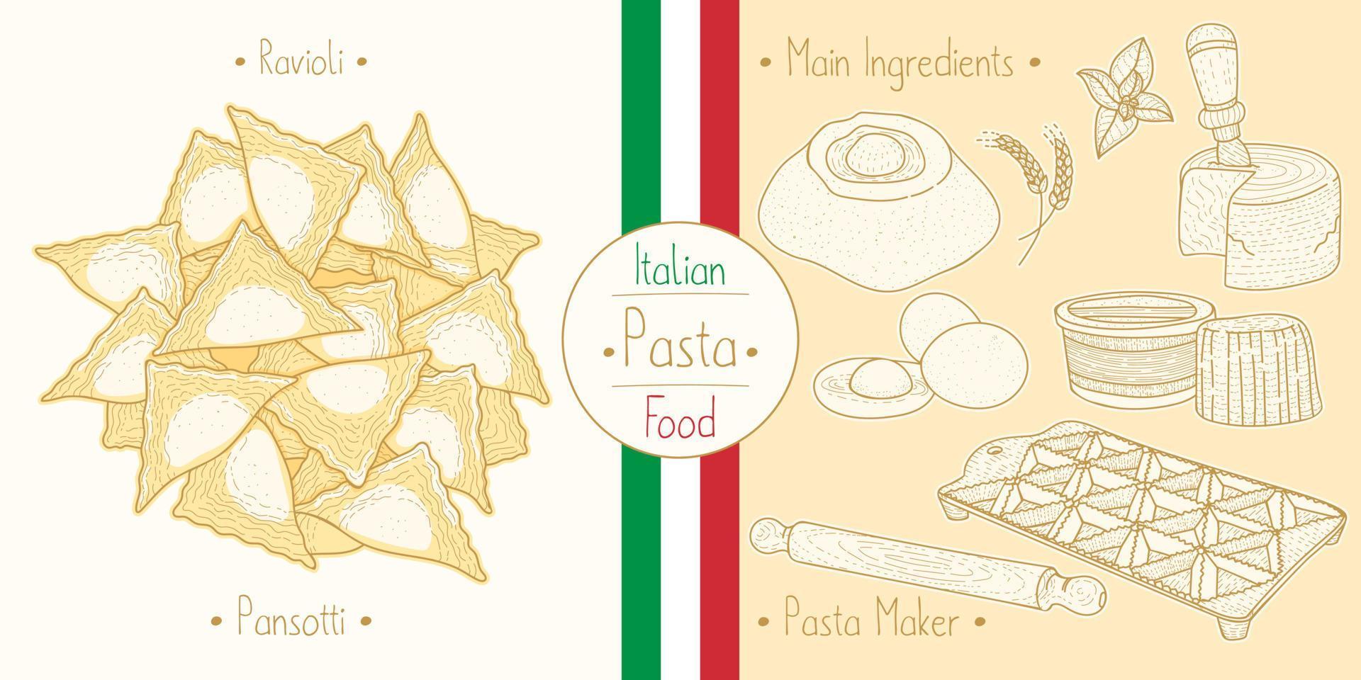 pasta alimentare italiana con ripieno di ravioli pansotti, illustrazione di schizzo in stile vintage vettore