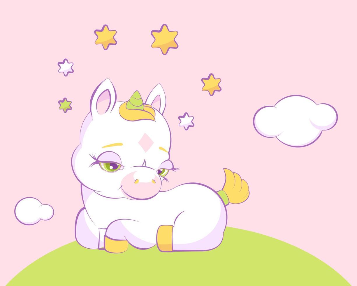 carino piccolo unicorno in una corona di stelle giace in un prato vettore