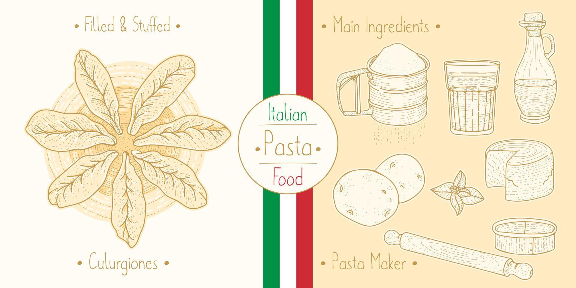 cucinare pasta culugrione ripiena di cibo italiano con ripieno e ingredienti principali e attrezzature per pastai, illustrazione di schizzo in stile vintage vettore