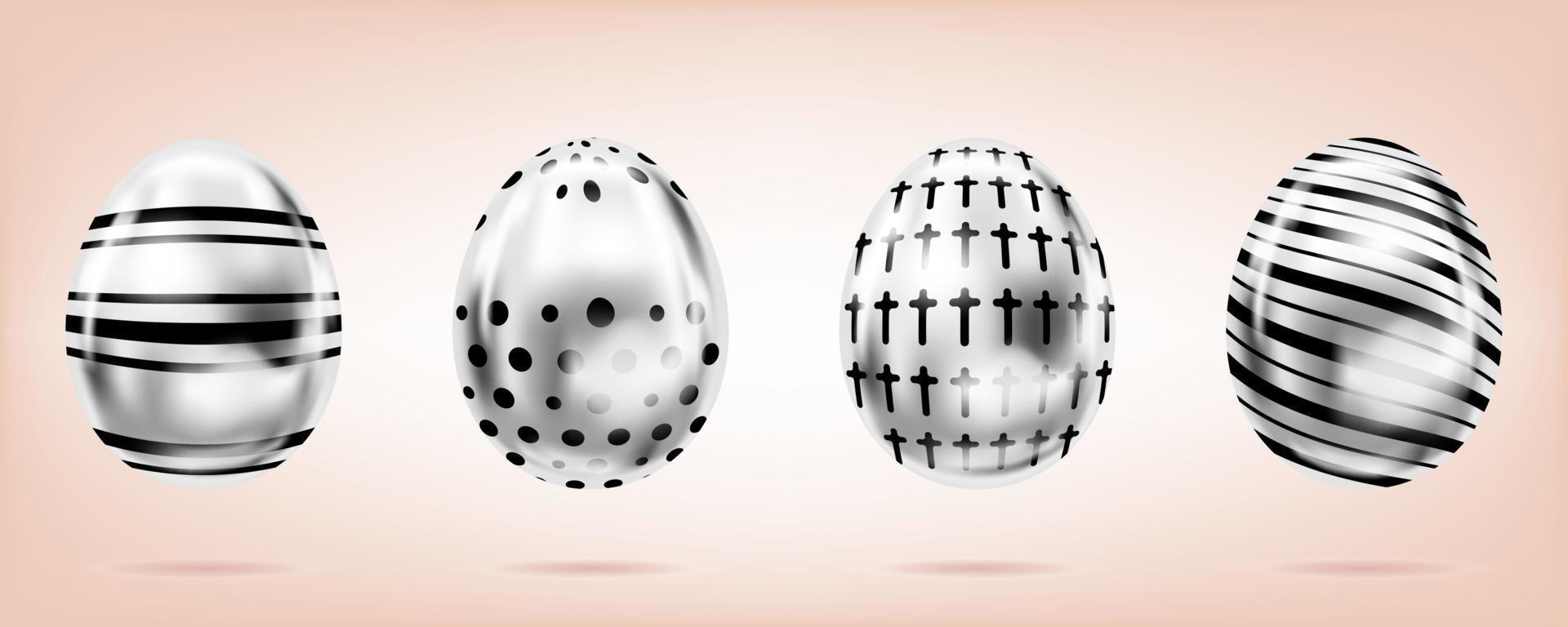 quattro uova d'argento sullo sfondo rosa. oggetti isolati per la decorazione di pasqua. croce, punti e strisce ornate vettore