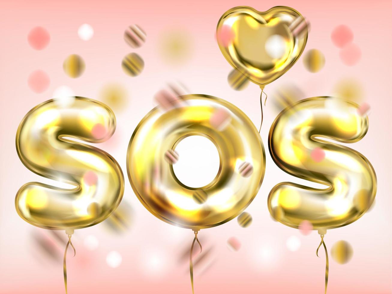 poster del segnale di amore sos con palloncino cuore d'oro in aria rosa vettore
