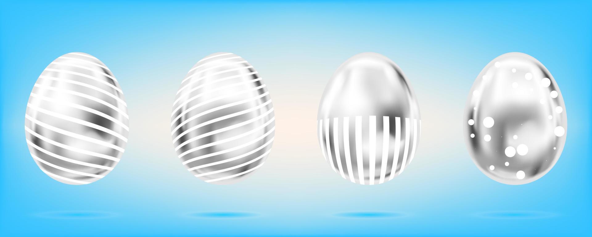 quattro uova d'argento sullo sfondo azzurro del cielo. oggetti isolati per la decorazione di pasqua. punti e strisce decorati vettore
