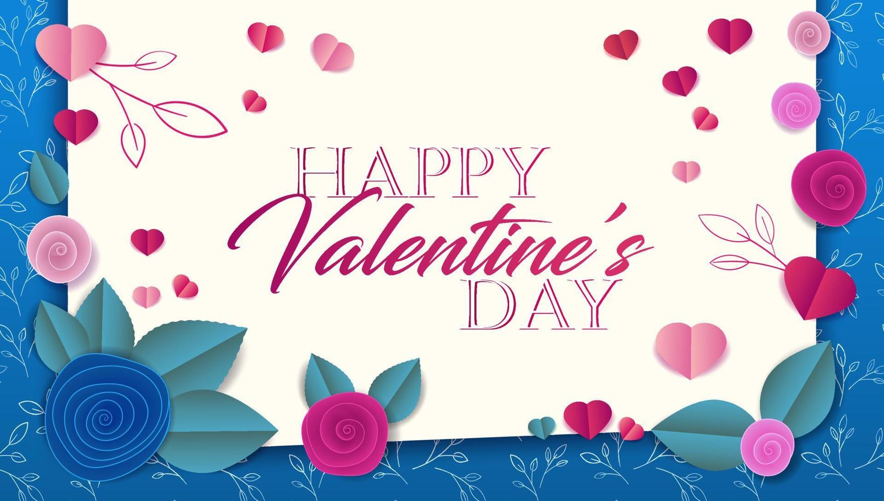 banner di auguri di San Valentino con cuori e fiori, stile paper cur vettore