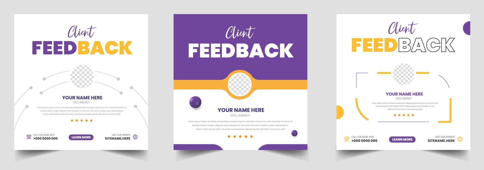 modello di banner web per post sui social media con testimonianze di feedback dei clienti. testimonianze dei clienti modello di progettazione di banner post sui social media con colore blu vettore