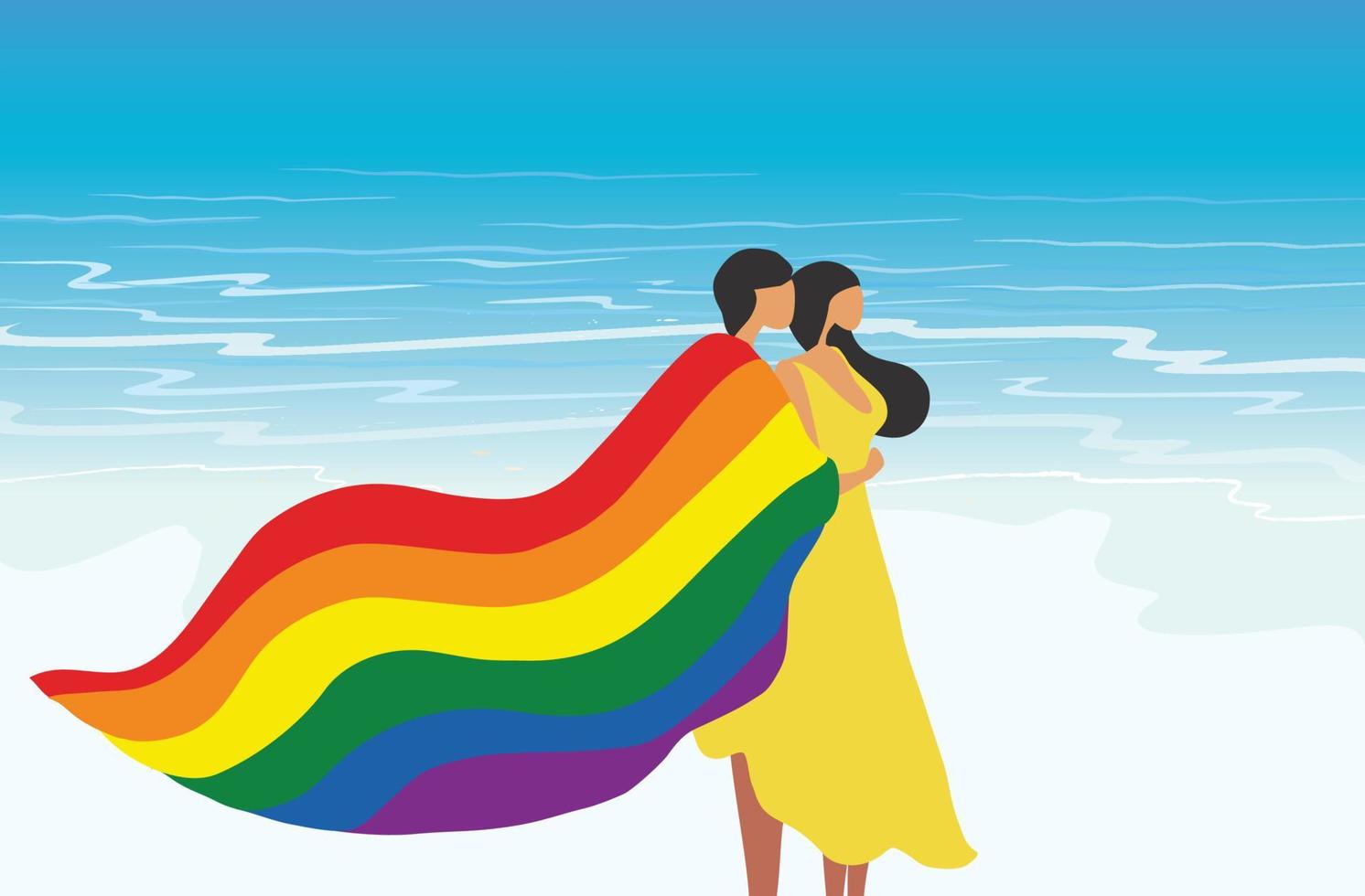 coppia transgender lgbtq con bandiera arcobaleno in piedi sulla spiaggia illustrazione vettoriale. concetto di mese dell'orgoglio lgbtq vettore