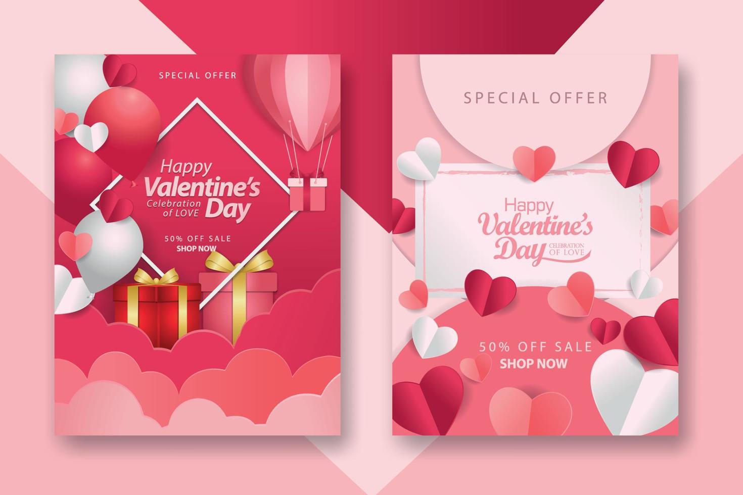 poster concettuali di san valentino con cuori di carta 3d rossi e rosa e cornice su sfondo geometrico. simpatici striscioni o biglietti di auguri per la vendita di amore vettore