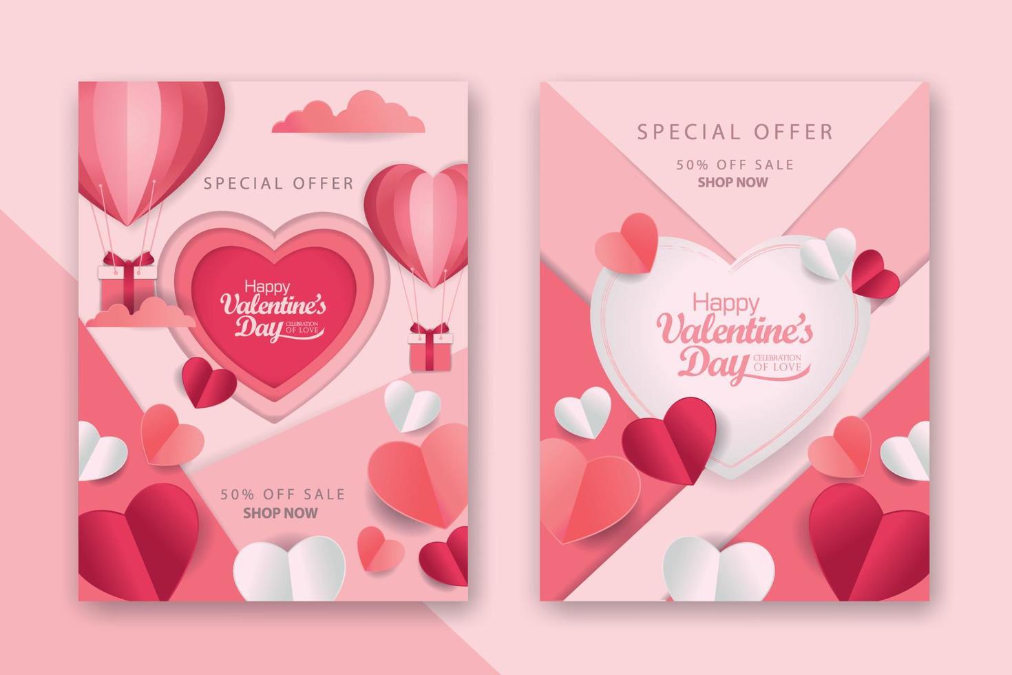 poster concettuali di san valentino con cuori di carta 3d rossi e rosa e cornice su sfondo geometrico. simpatici striscioni o biglietti di auguri per la vendita di amore vettore