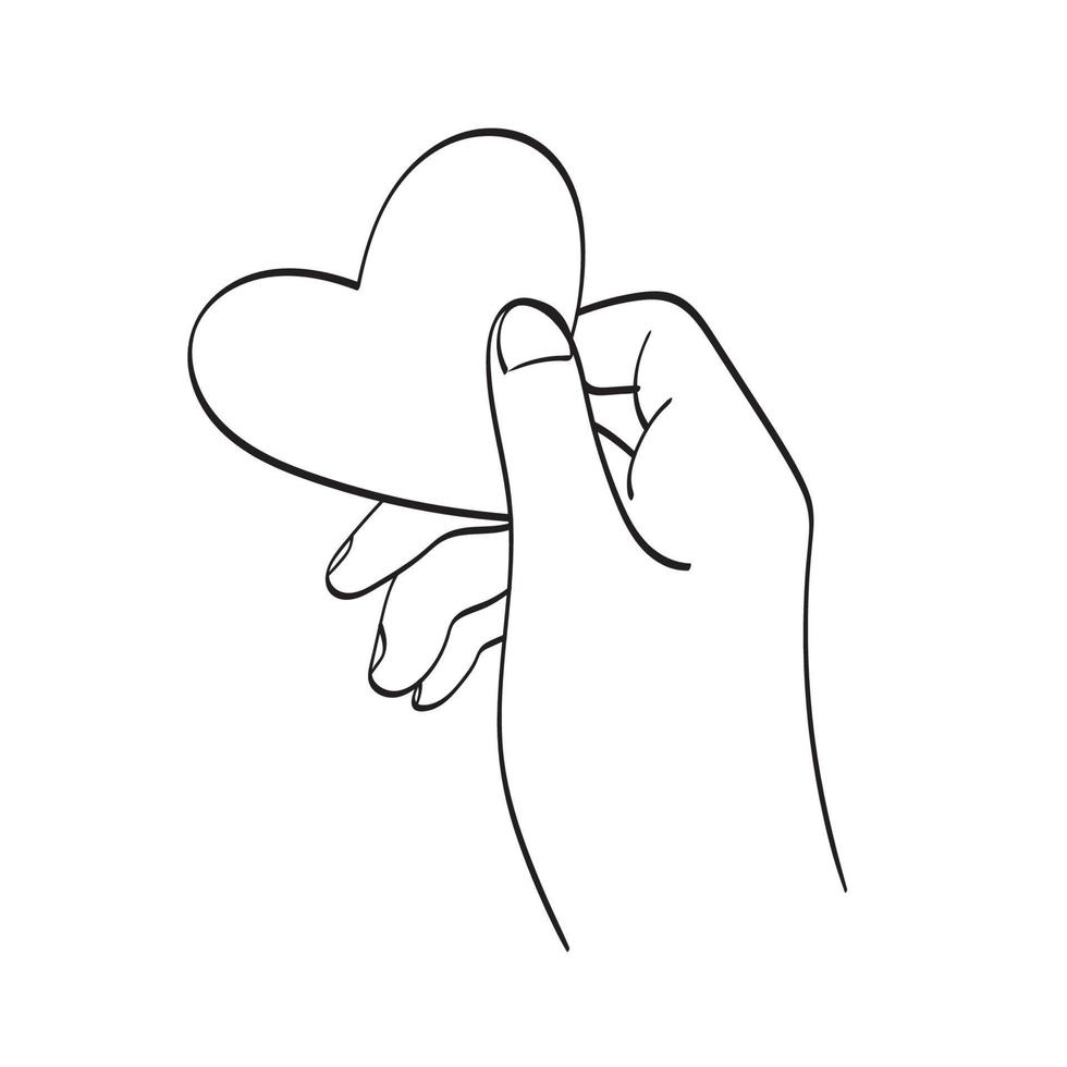 line art closeup mano che tiene cuore carta illustrazione vettore disegnato a mano isolato su sfondo bianco