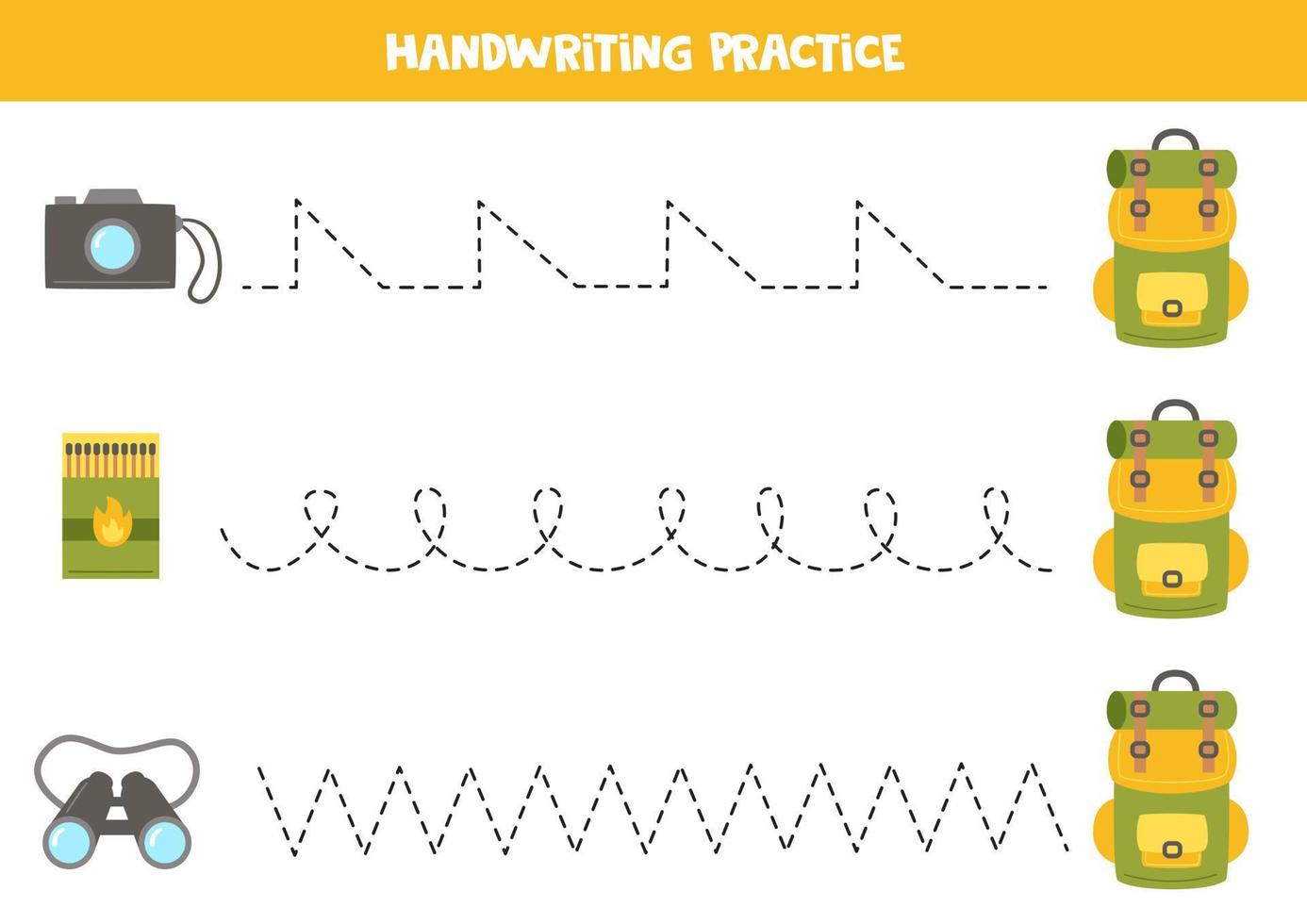 linee di tracciamento per bambini. simpatici elementi da campeggio. Pratica di scrittura. vettore