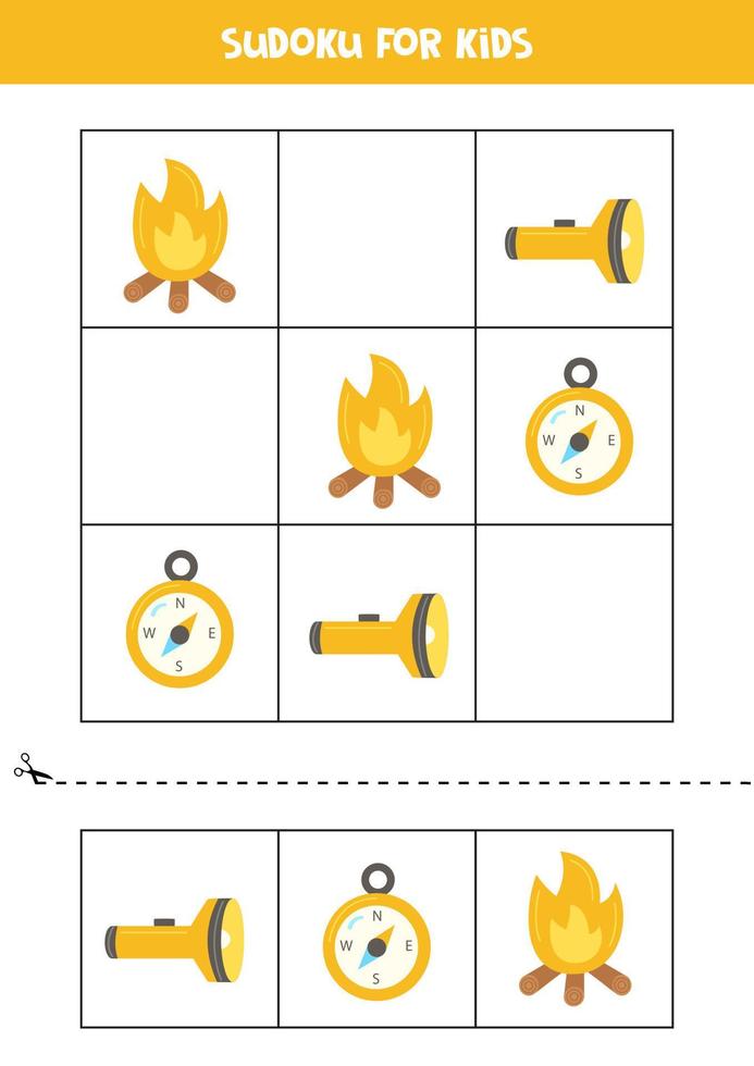 gioco di sudoku educativo con elementi da campeggio per bambini. vettore