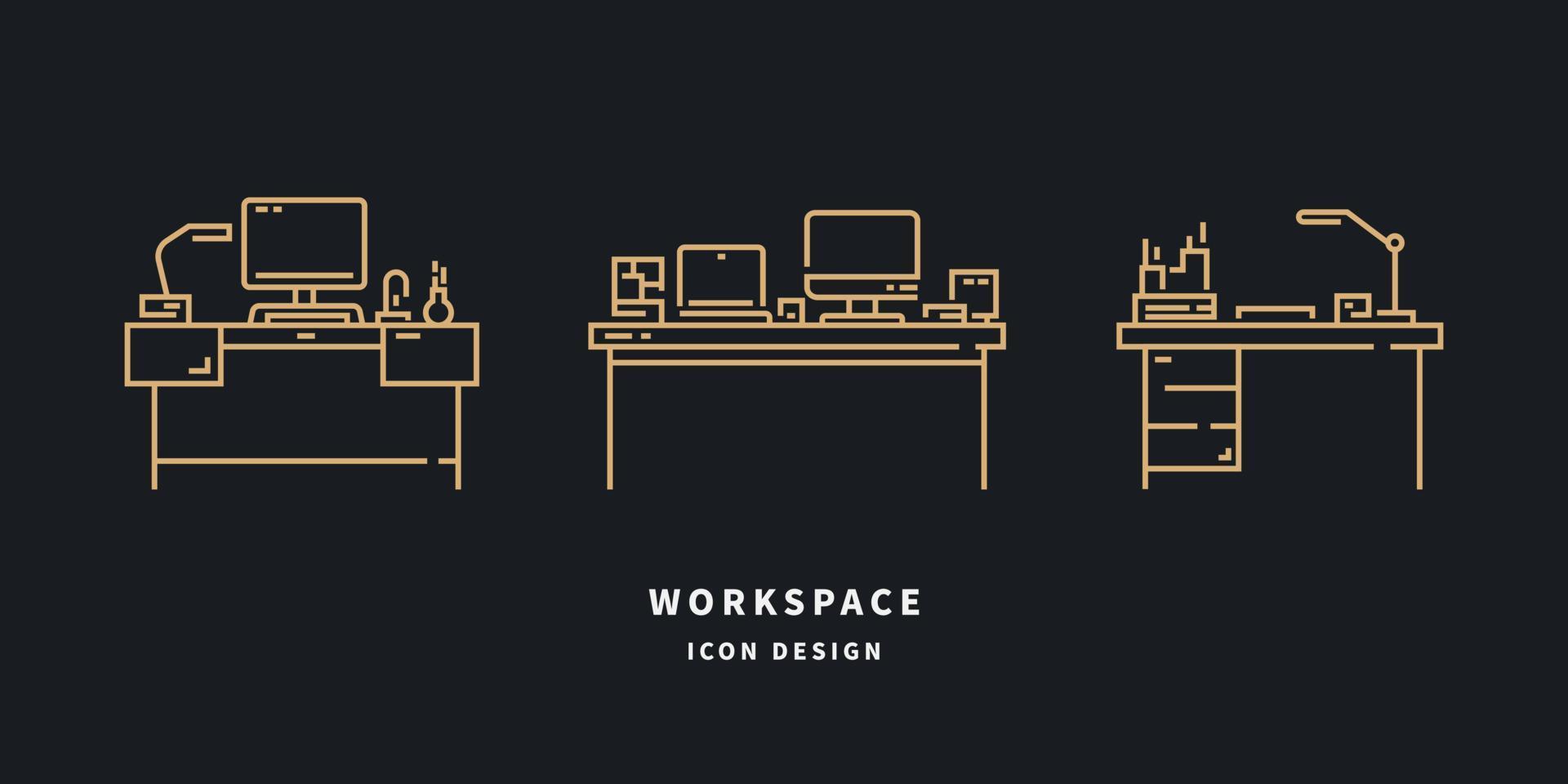 icone dell'area di lavoro. set di contorno scrivania. illustrazione vettoriale. vettore