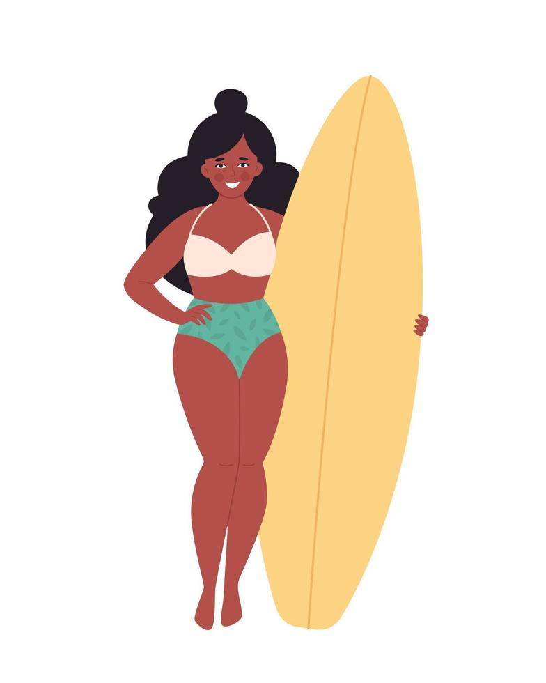 donna nera con tavola da surf. attività estiva, estate, surf. Ciao Estate. vacanze estive vettore