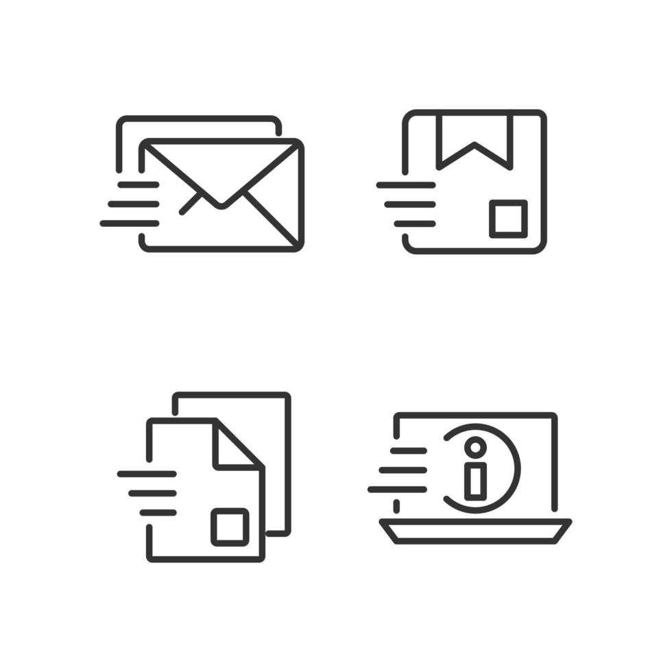 set di icone lineari perfette pixel di trasmissione delle informazioni. consegna di lettere e pacchi. dati digitali. simboli di linee sottili personalizzabili. illustrazioni di contorno vettoriale isolate. tratto modificabile