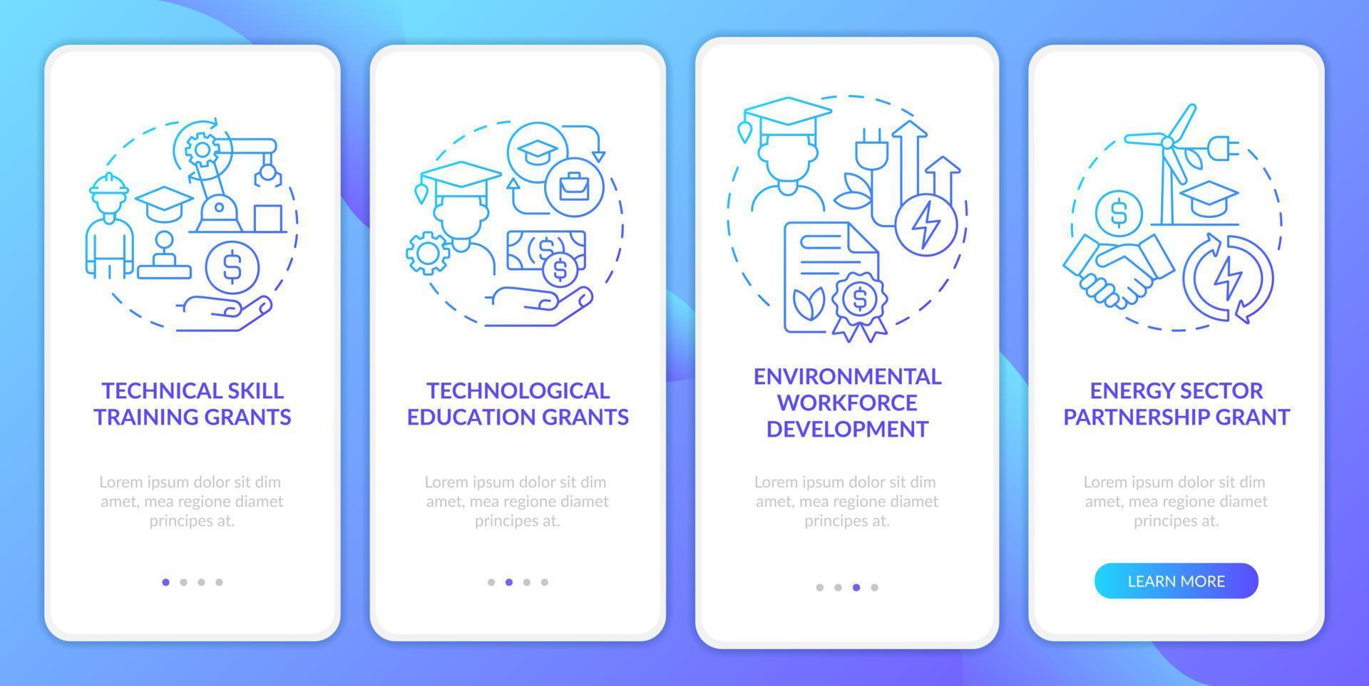 la formazione tecnica federale concede lo schermo dell'app mobile per l'onboarding del gradiente blu. procedura dettagliata 4 passaggi pagine di istruzioni grafiche con concetti lineari. ui, ux, modello gui. vettore