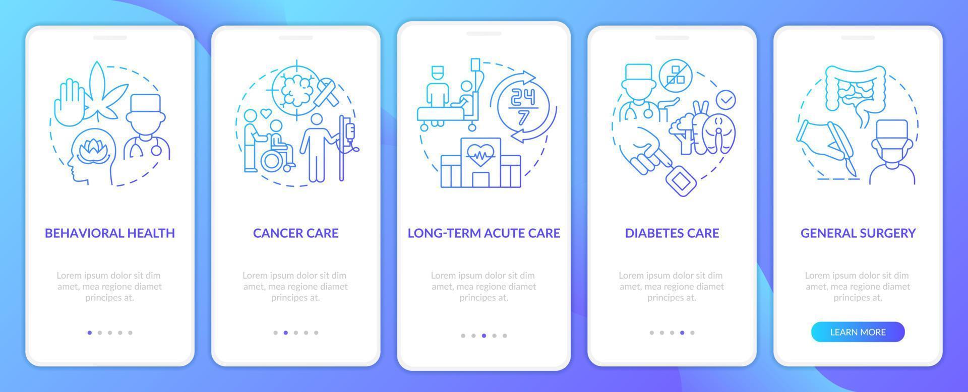 tipi di servizi medici schermata dell'app mobile onboarding gradiente blu. procedura dettagliata 5 passaggi pagine di istruzioni grafiche con concetti lineari. ui, ux, modello gui. vettore