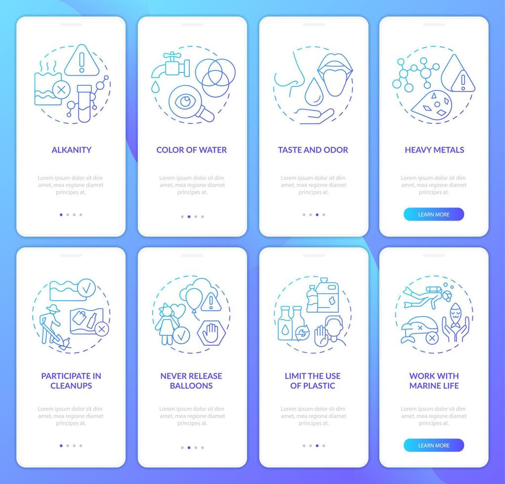 prevenire l'inquinamento dell'acqua gradiente blu onboarding schermo dell'app mobile. procedura dettagliata 4 passaggi pagine di istruzioni grafiche con concetti lineari. ui, ux, modello gui. vettore