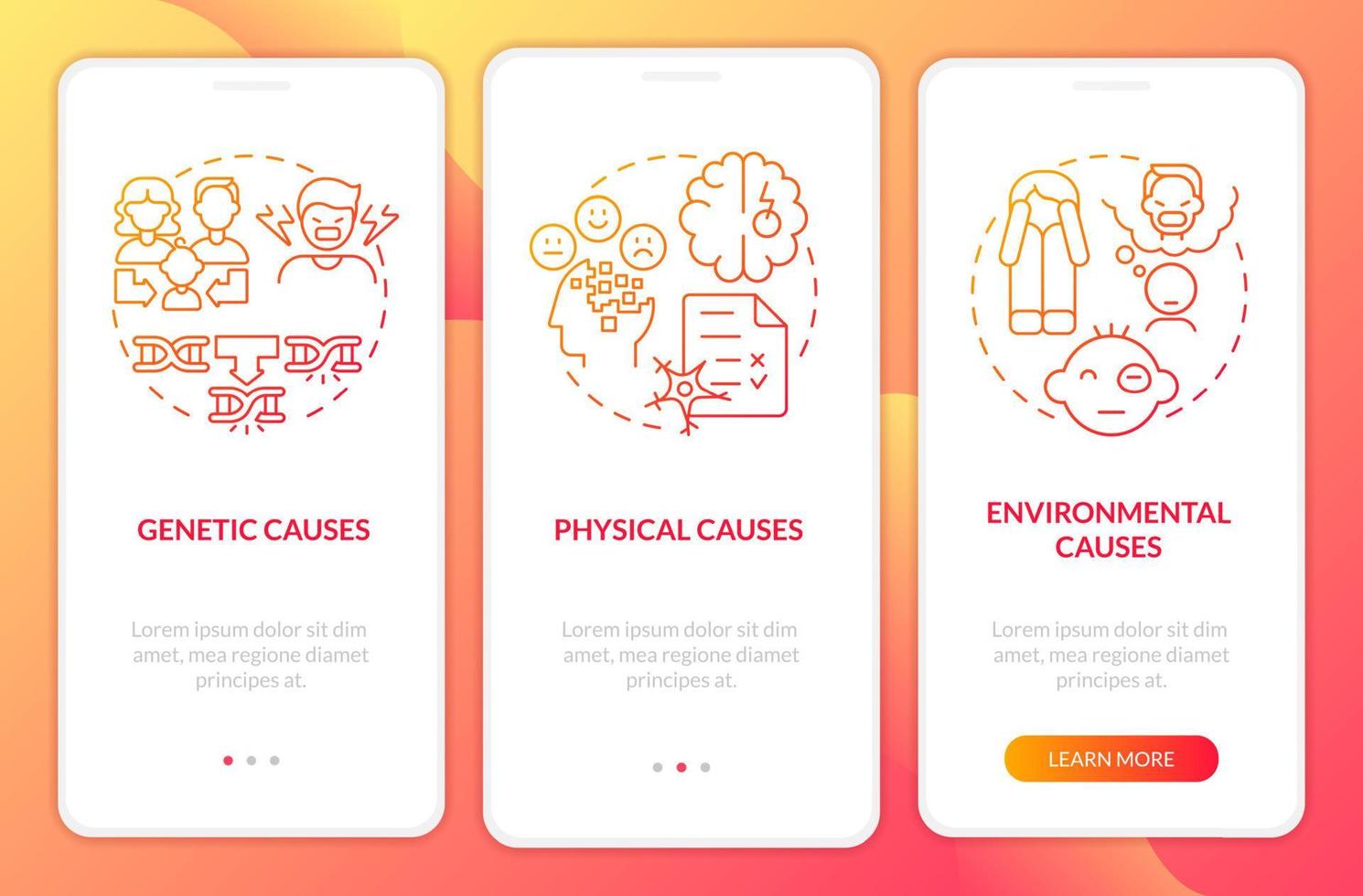 disturbo della condotta provoca gradiente rosso durante l'onboarding dello schermo dell'app mobile. procedura dettagliata 3 passaggi pagine di istruzioni grafiche con concetti lineari. ui, ux, modello gui. vettore