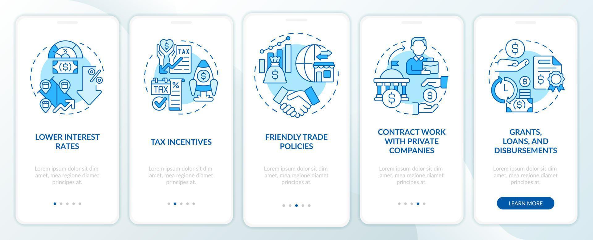 incoraggiare l'attività commerciale blu onboarding schermo dell'app mobile. procedura dettagliata per la crescita pagine di istruzioni grafiche in 5 passaggi con concetti lineari. ui, ux, modello gui. vettore