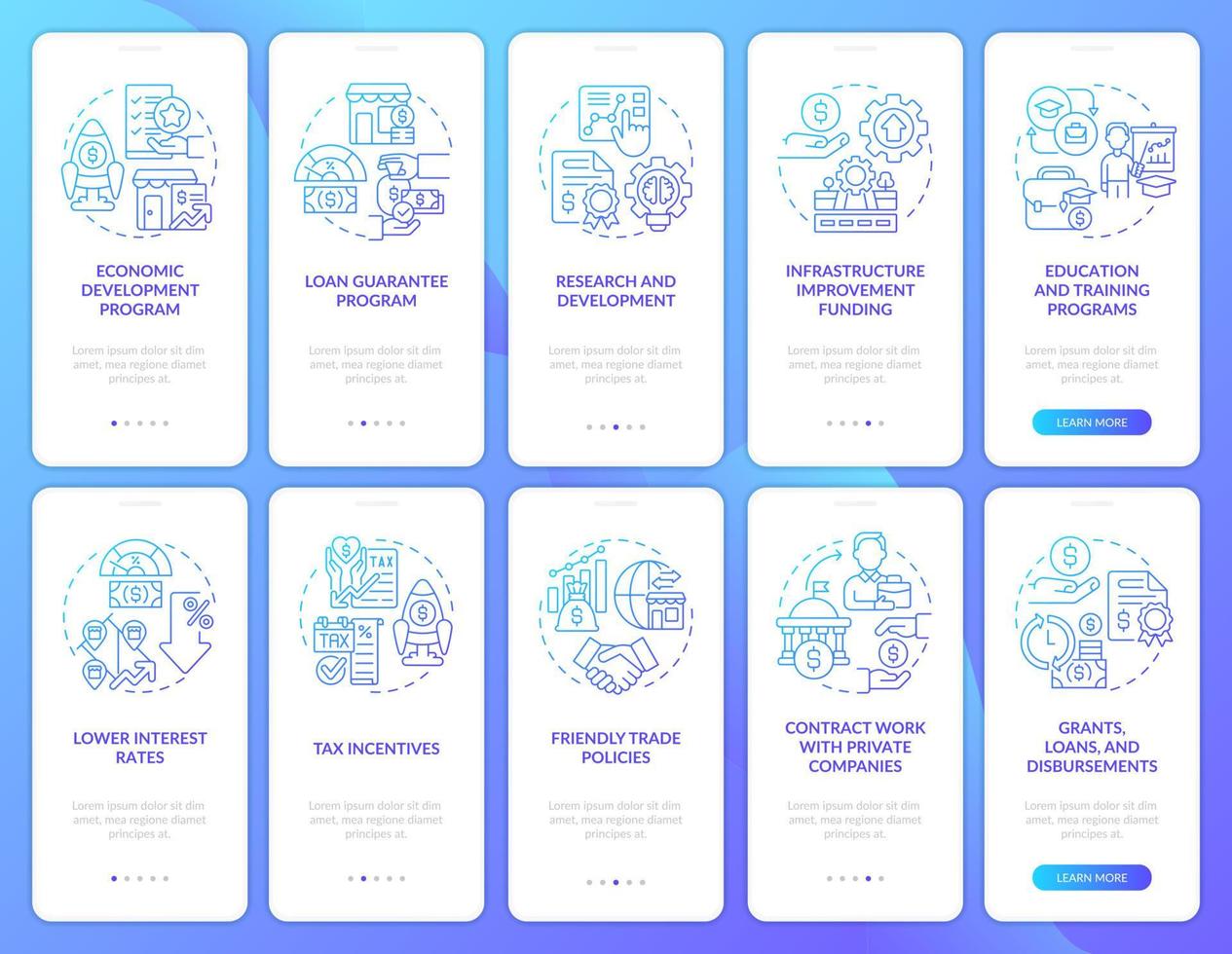 set di schermate dell'app mobile per l'onboarding del gradiente blu di incentivi per le piccole imprese. procedura dettagliata 5 passaggi pagine di istruzioni grafiche con concetti lineari. ui, ux, modello gui. vettore