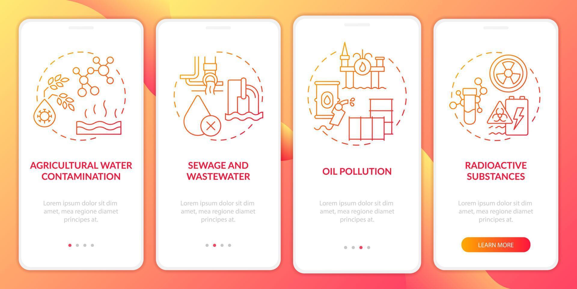 l'inquinamento dell'acqua provoca una sfumatura rossa durante l'onboarding dello schermo dell'app mobile. procedura dettagliata 4 passaggi pagine di istruzioni grafiche con concetti lineari. ui, ux, modello gui. vettore