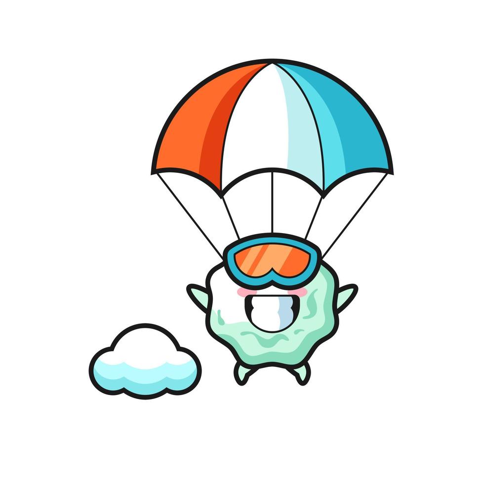 il cartone animato della mascotte della gomma da masticare è il paracadutismo con un gesto felice vettore
