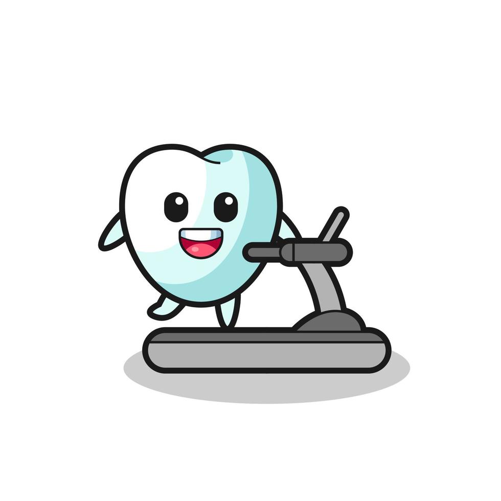 personaggio dei cartoni animati dei denti che cammina sul tapis roulant vettore