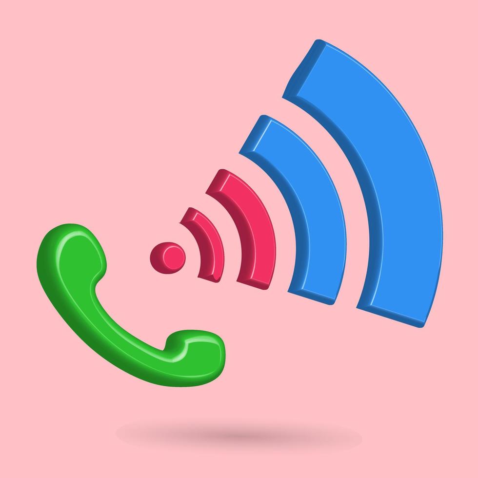 Illustrazione del fumetto dell'icona del telefono e del segnale 3d, tecnologia di telecomunicazione di chiamata e connessione vettore