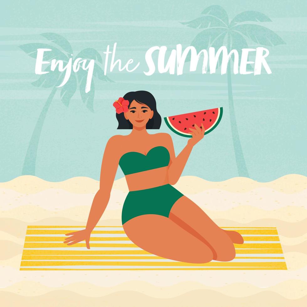 donna in costume da bagno con anguria, seduta sulla spiaggia. vacanze estive, relax, concetto di ricreazione. illustrazione vettoriale in stile piatto retrò