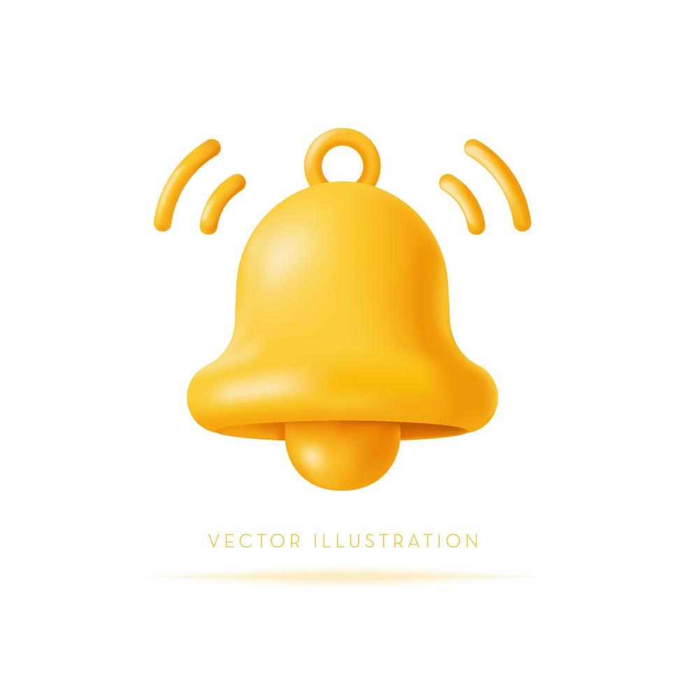 Icona della campana di notifica 3D. icona vettoriale realistica, isolata su sfondo bianco