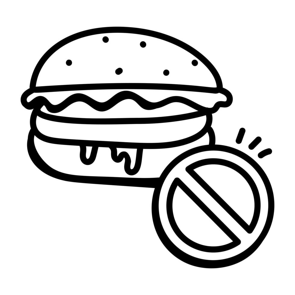 fermare il cibo spazzatura, icona di doodle di nessun hamburger vettore