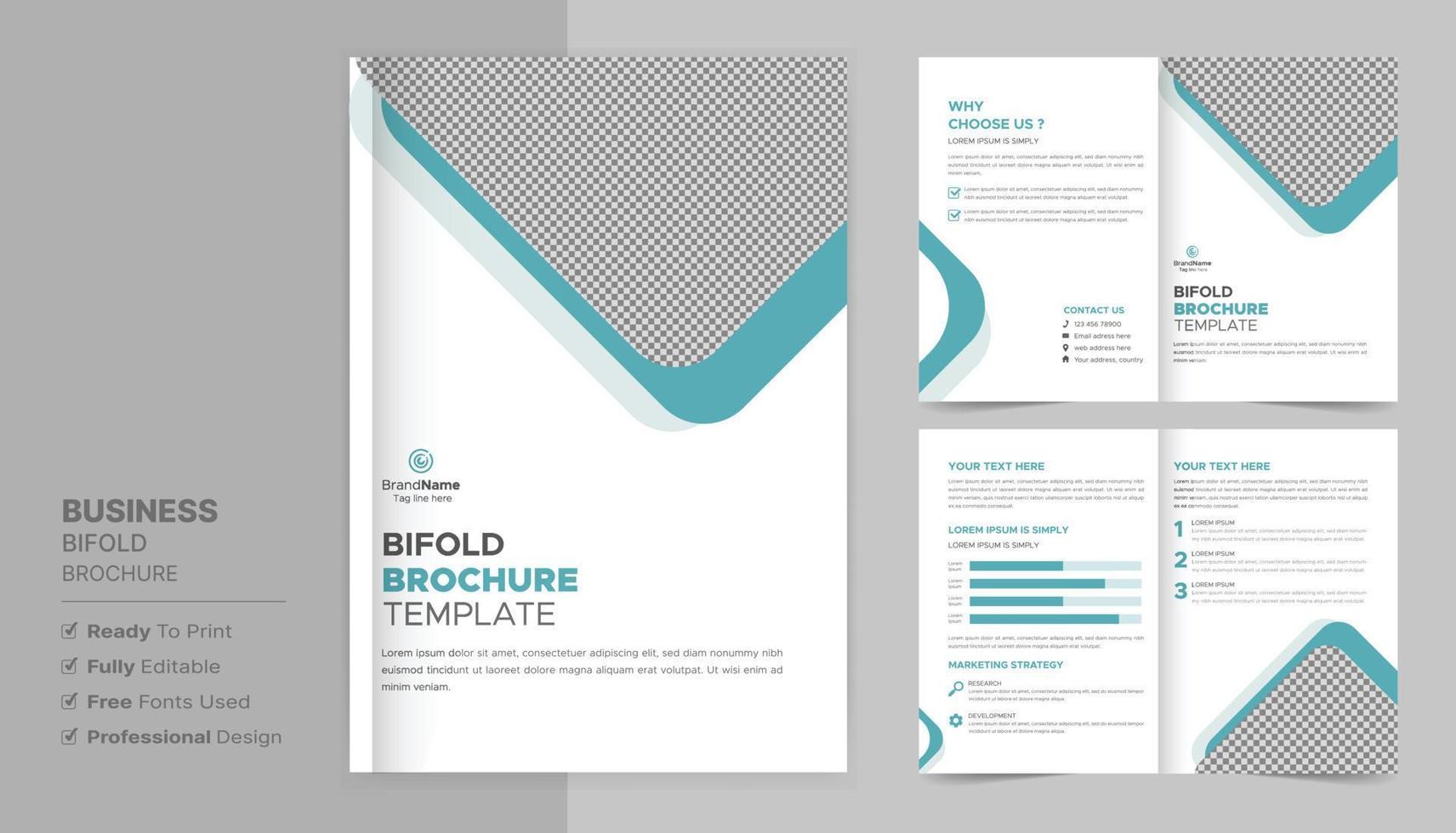 modello di progettazione di brochure bifold per la tua azienda, azienda, affari, pubblicità, marketing, agenzia e attività su Internet. vettore