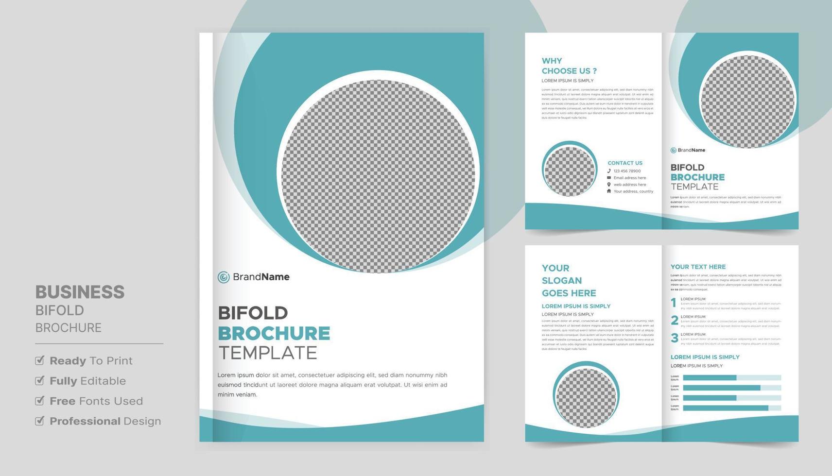 modello di progettazione di brochure bifold per la tua azienda, azienda, affari, pubblicità, marketing, agenzia e attività su Internet. vettore