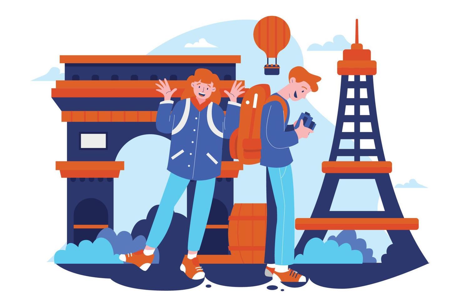 illustrazione di viaggio di coppia a parigi vettore