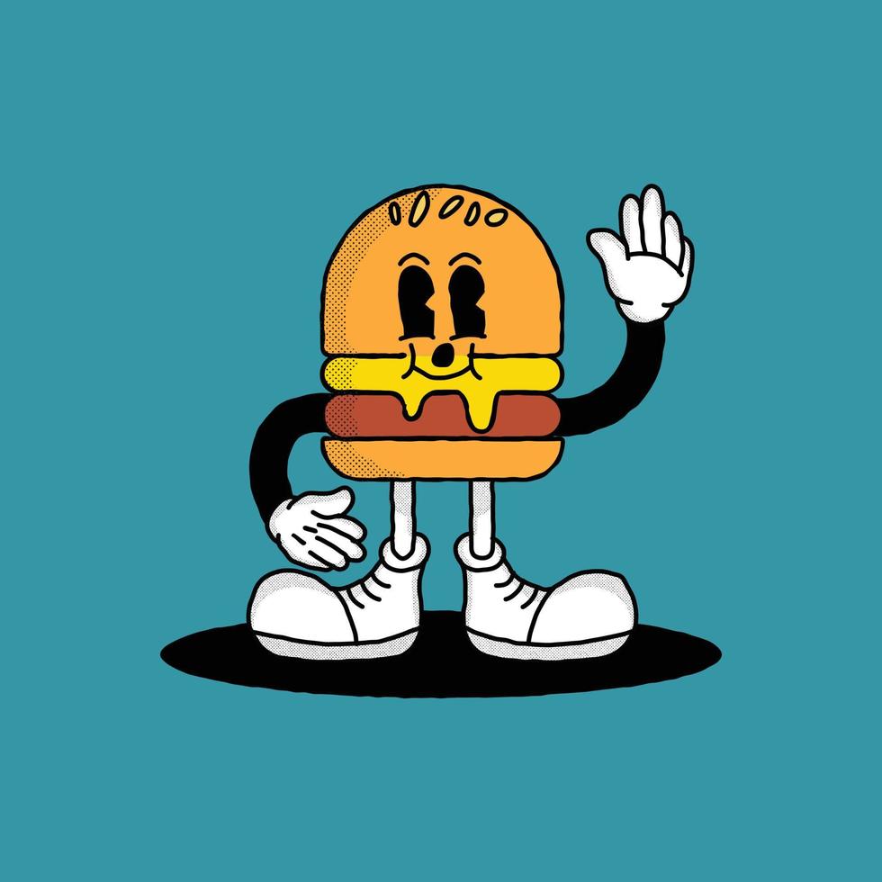 personaggio hamburger retrò o mascotte con stile cartone animato fresco. logo dell'hamburger. icona del logo. vettore