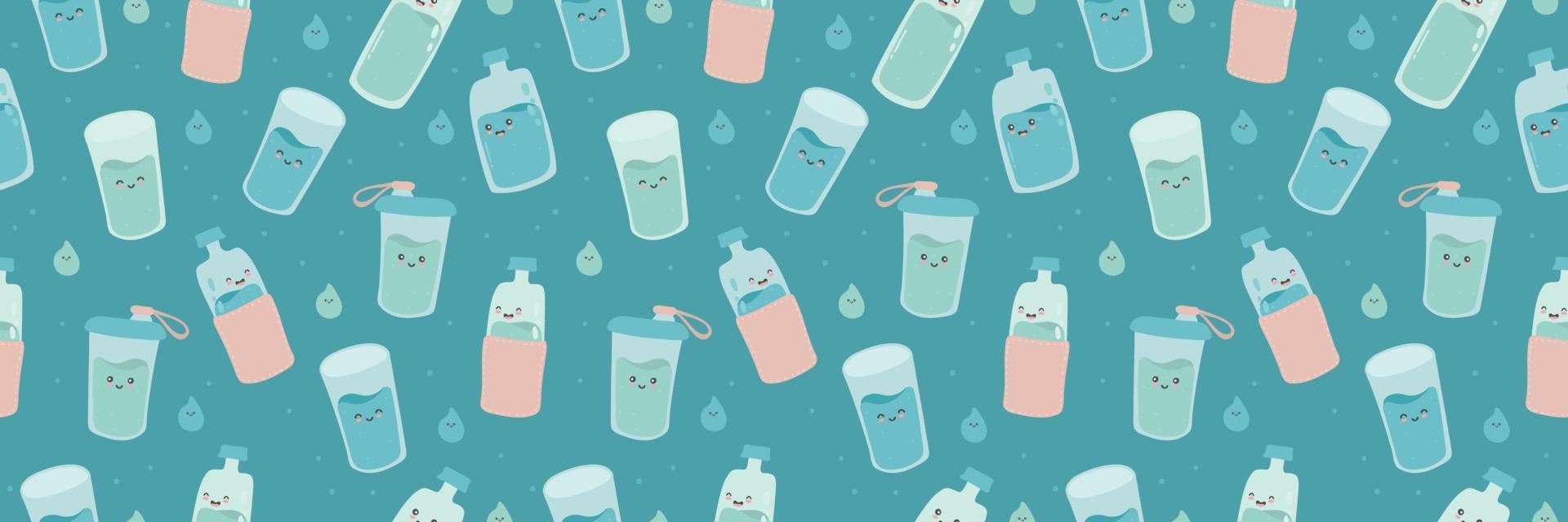 bordo orizzontale senza cuciture, banner web con simpatiche bottiglie e bicchieri felici e divertenti. vettore cartone animato kawaii carattere acqua. bere più acqua ogni giorno concetto.