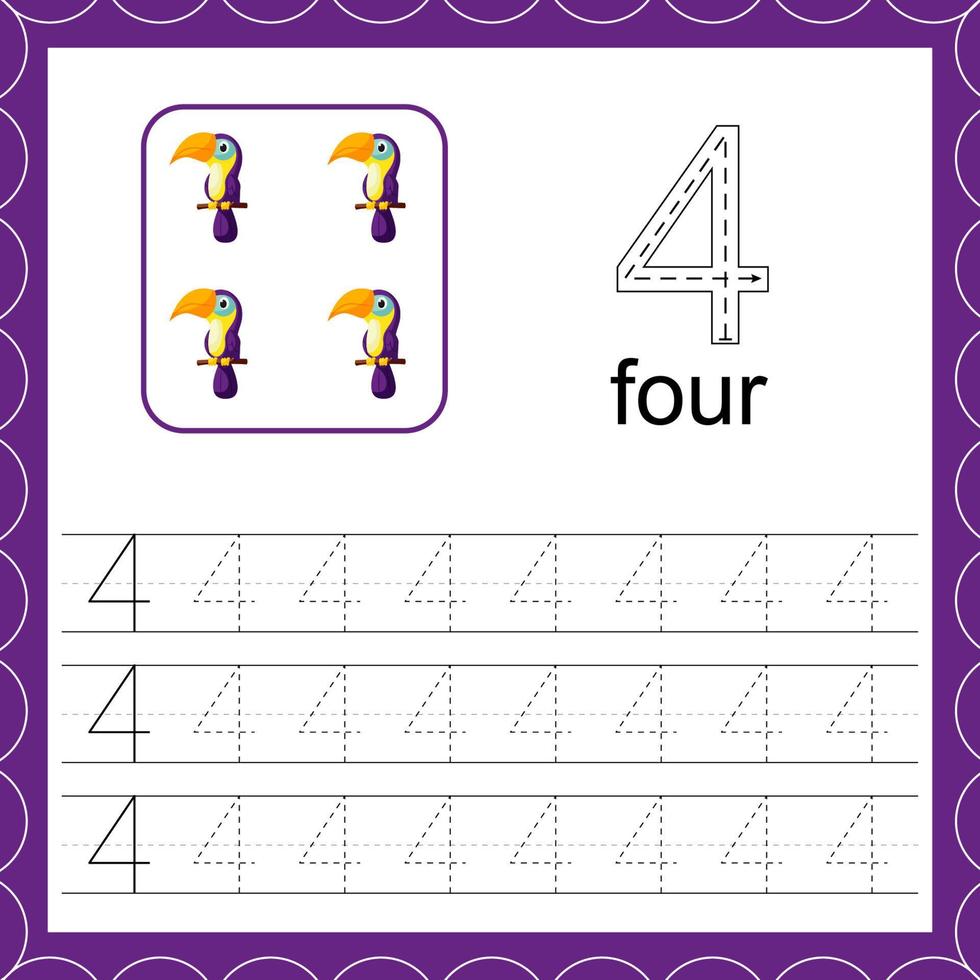 fogli di lavoro di matematica educativa. tucano. traccia la linea. numero quattro vettore