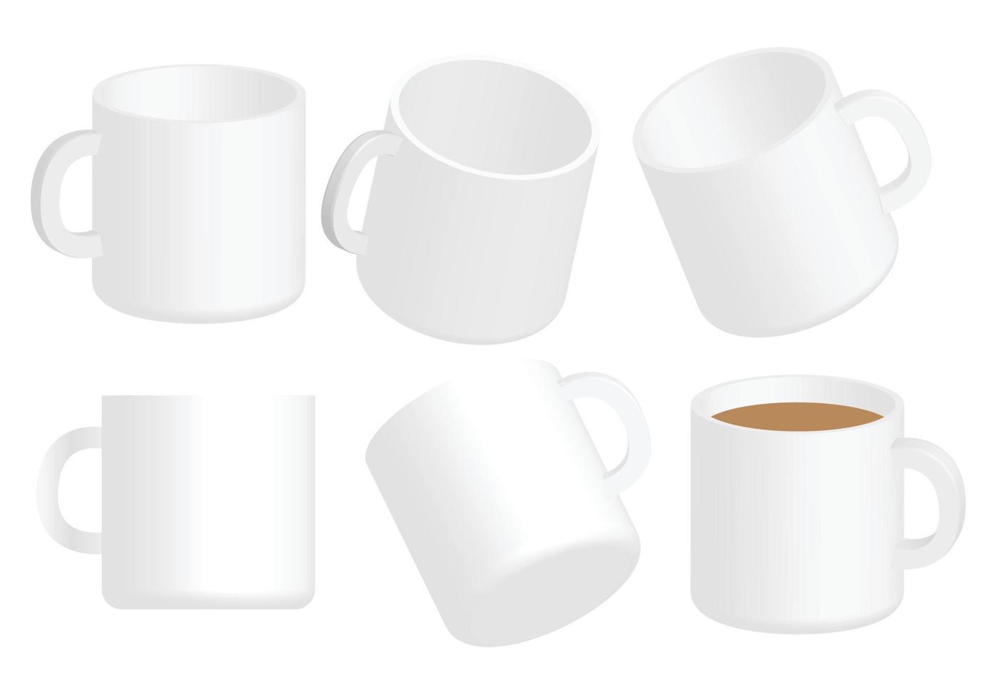 set di tazze in ceramica isolate su sfondo bianco. tazze da caffè da diversi lati. mockup di vetro bianco vuoto. illustrazione vettoriale realistica. segno, simbolo, icona o logo isolato. design banner.