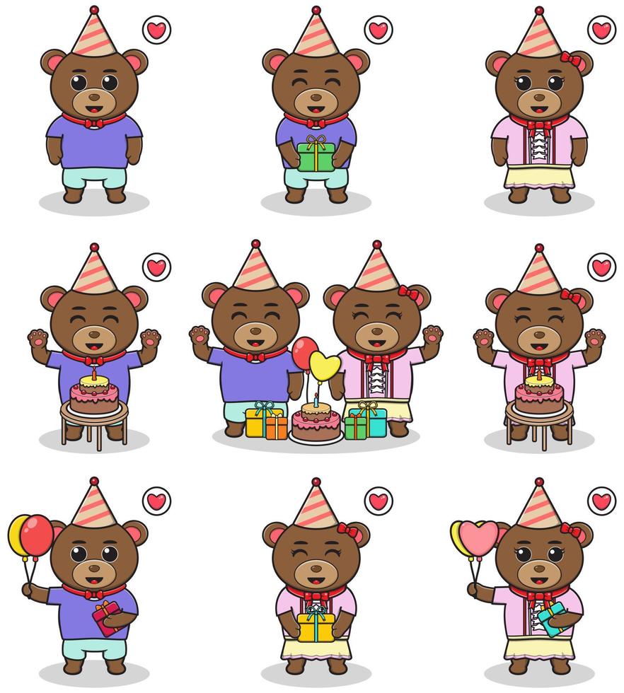illustrazione vettoriale di simpatico orso nella festa di compleanno. set di simpatici personaggi di orsetto. raccolta di orso divertente isolato su uno sfondo bianco.