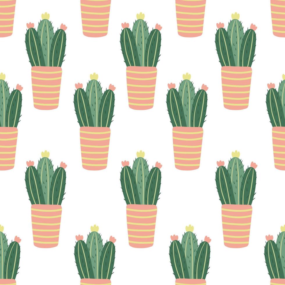 piante d'appartamento di cactus in fiore senza cuciture su bianco. illustrazione vettoriale piatta disegnata a mano. piante in vaso. ottimo per tessuti, carte da imballaggio, sfondi, copertine.