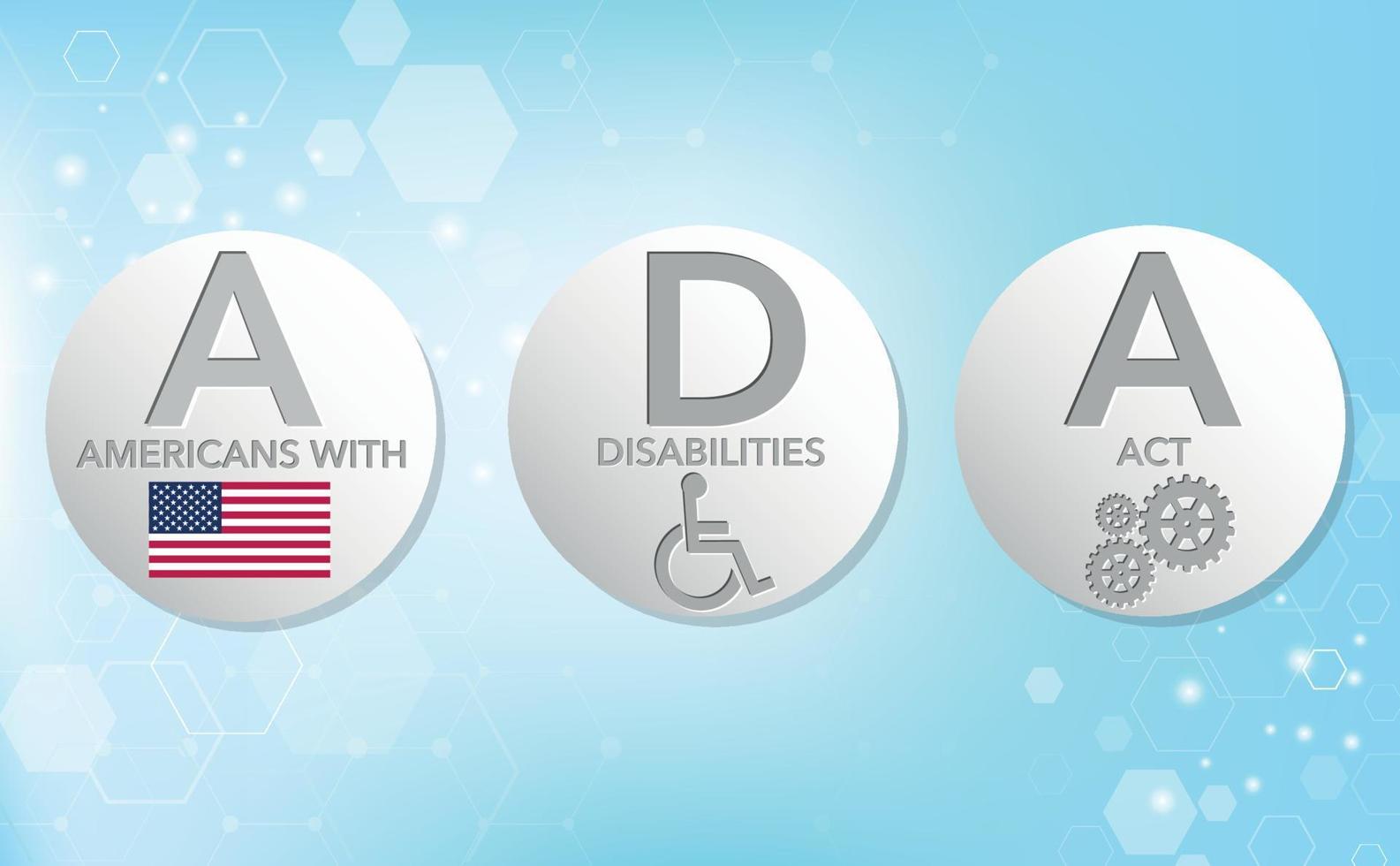 gli americani con disabilità agiscono ada. pulsante di ricerca con bandiera usa, sedia a rotelle, su sfondo blu sfumato. manifesto informativo. illustrazione vettoriale