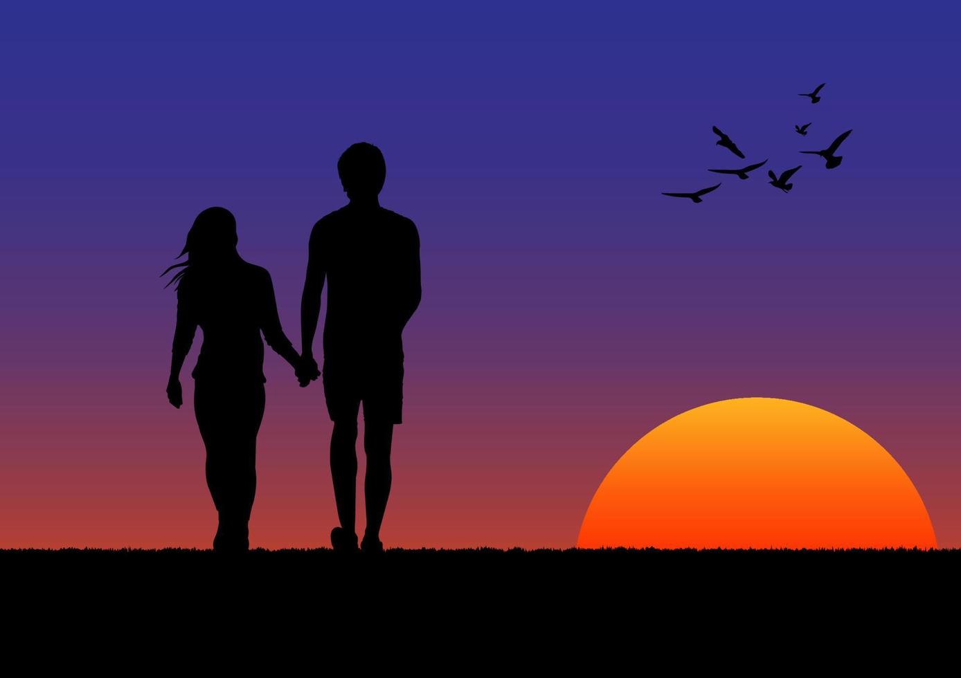 disegno grafico coppia ragazzo e ragazza in piedi per guardare il tramonto con silhouette leggera arancione e blu del cielo illustrazione vettoriale concetto romantico