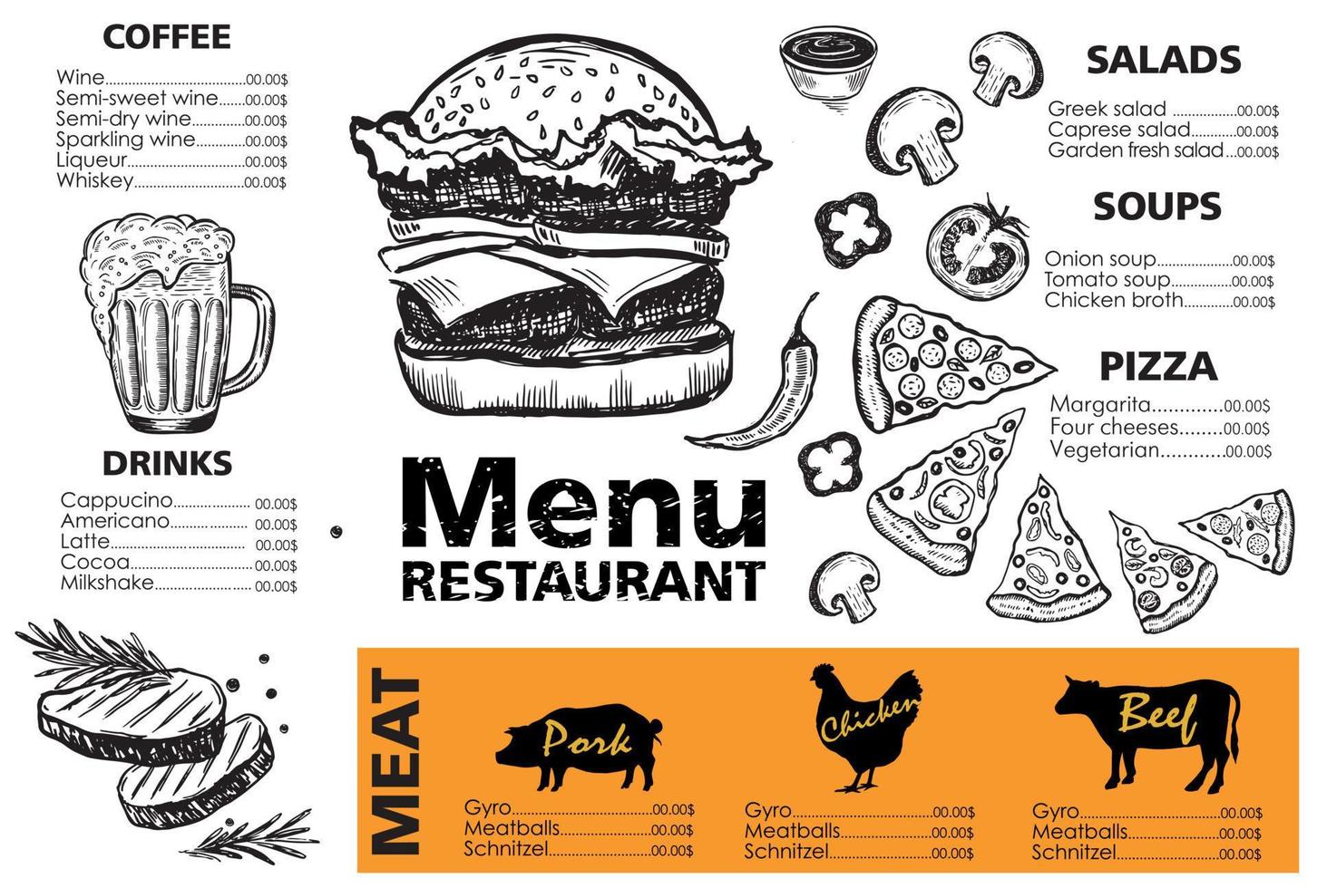 disegno del modello di menu per ristorante, illustrazione di schizzo. vettore. vettore