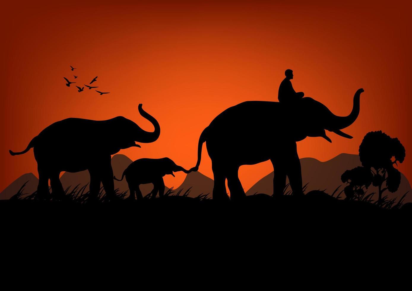 immagine silhouette elefante nero con elefante mahout che cammina nella foresta con sfondo di montagna e tramonto illustrazione vettoriale di luce della sera