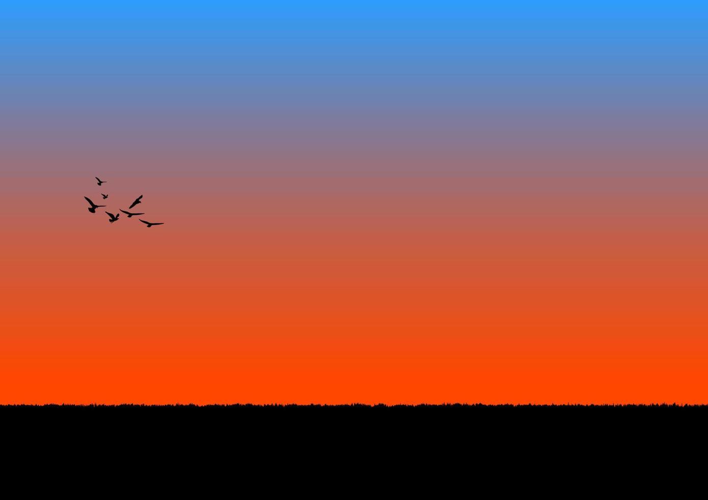 immagine grafica silhouette arancione e blu del tramonto o dell'alba con erba a terra vettore