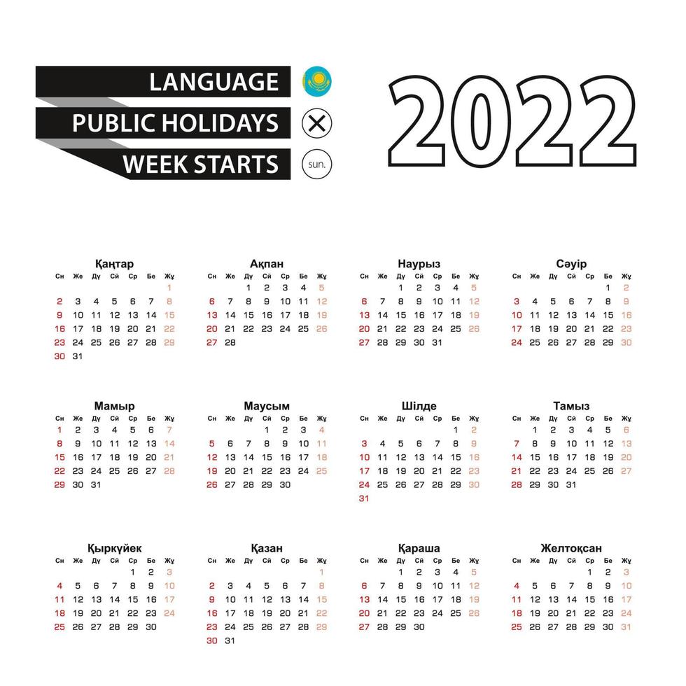 Calendario 2022 in lingua kazaka, la settimana inizia da domenica. vettore